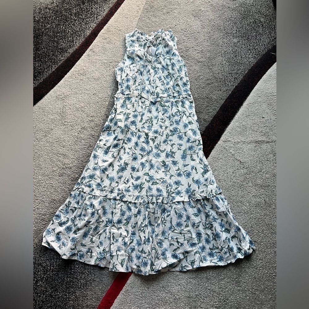 J. Crew White Blue Floral Sleeveless Tiered A Line Dress